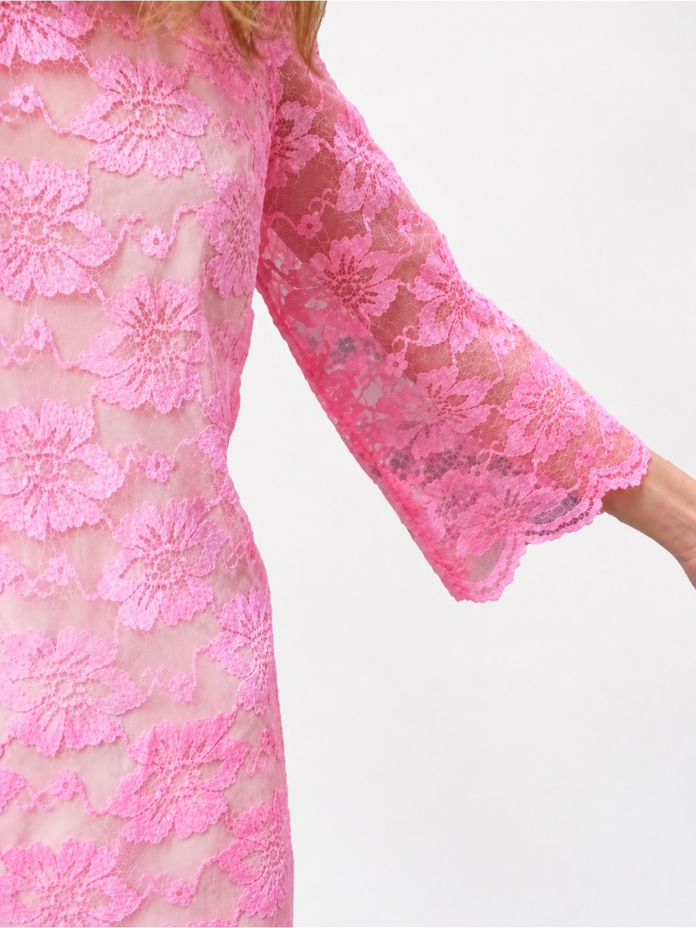 VTG 60s Neon Hot Pink Floral Lace Shift Mini Dress • Nude Slip • 3/4 Sleeve • S - Picture 8 of 16